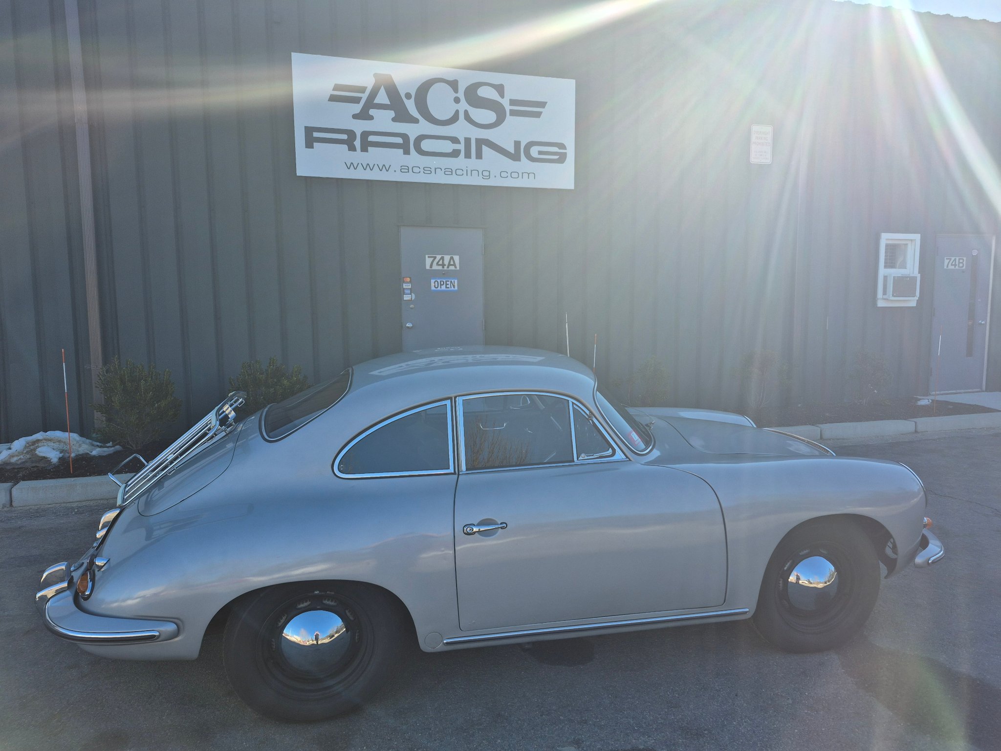 Classic Porsche 356 outside A.C.S. Racing shop in Hanover, MA